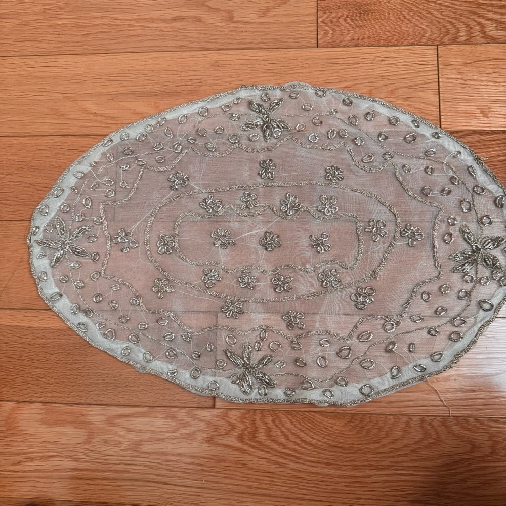 Embellished Oval Beaded Placemat - Silver Embroidery
